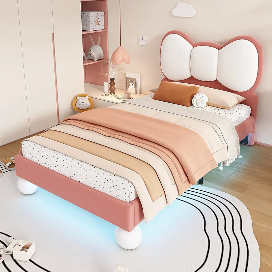 Okwish Lit enfant 90x200 cm - Lit avec Tête de Lit en Ailes et LED - Velours - Sans matelas - Rose Hot