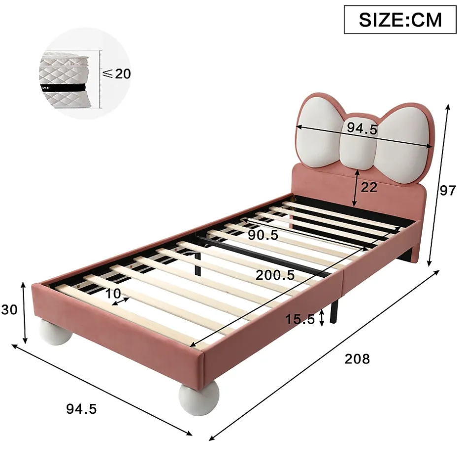 Okwish Lit enfant 90x200 cm - Lit avec Tête de Lit en Ailes et LED - Velours - Sans matelas - Rose Hot