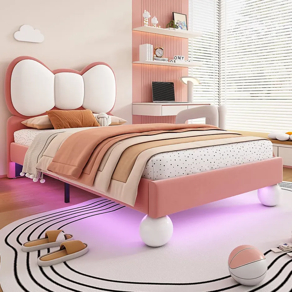 Okwish Lit enfant 90x200 cm - Lit avec Tête de Lit en Ailes et LED - Velours - Sans matelas - Rose Hot