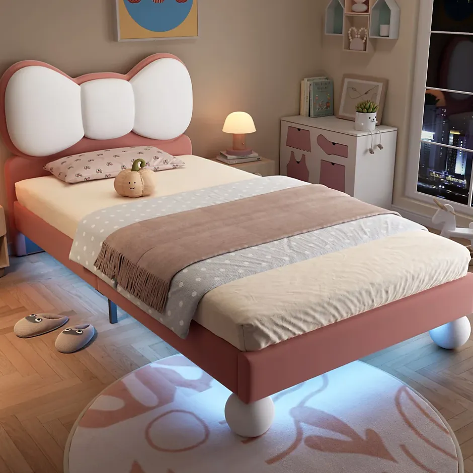 Okwish Lit enfant 90x200 cm - Lit avec Tête de Lit en Ailes et LED - Velours - Sans matelas - Rose Hot
