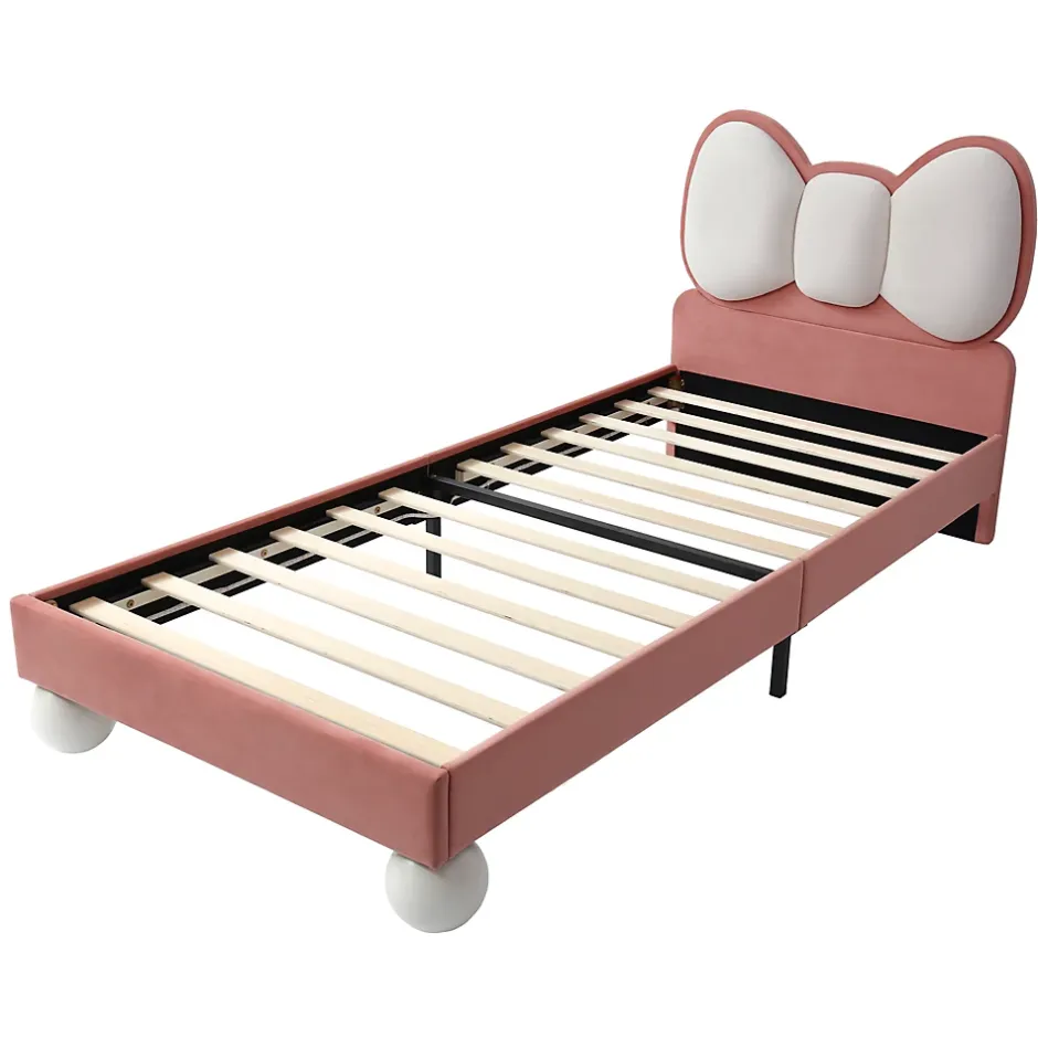 Okwish Lit enfant 90x200 cm - Lit avec Tête de Lit en Ailes et LED - Velours - Sans matelas - Rose Hot