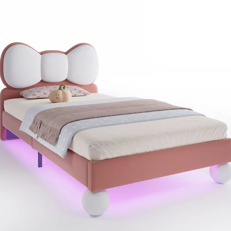 Okwish Lit enfant 90x200 cm - Lit avec Tête de Lit en Ailes et LED - Velours - Sans matelas - Rose Hot