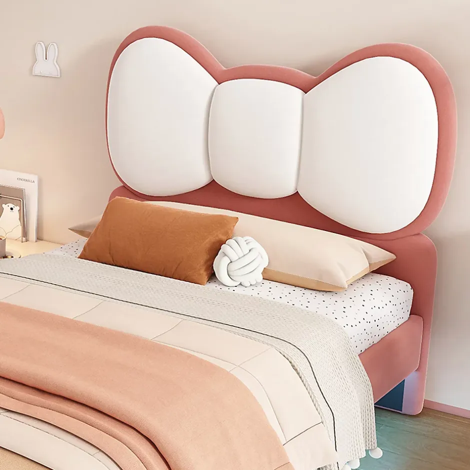 Okwish Lit enfant 90x200 cm - Lit avec Tête de Lit en Ailes et LED - Velours - Sans matelas - Rose Hot