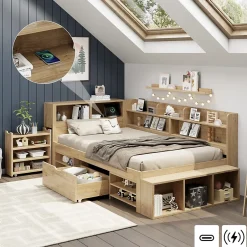 Okwish Lit Enfant 90x200 cm - Lit avec Rangement Multifonction, Tiroirs et Étagères, Lit Simple en Bois Nature - Sans Matelas Hot