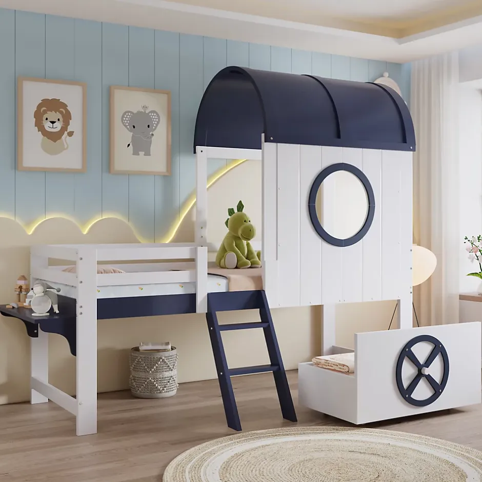 Okwish Lit enfant 90x200 cm - Lit Cabane avec Rangement et design Marin - Pin et MDF - Sans Matelas - Blanc + Bleu foncé Discount