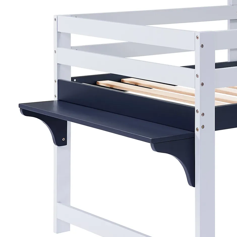 Okwish Lit enfant 90x200 cm - Lit Cabane avec Rangement et design Marin - Pin et MDF - Sans Matelas - Blanc + Bleu foncé Discount