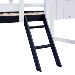Okwish Lit enfant 90x200 cm - Lit Cabane avec Rangement et design Marin - Pin et MDF - Sans Matelas - Blanc + Bleu foncé Discount