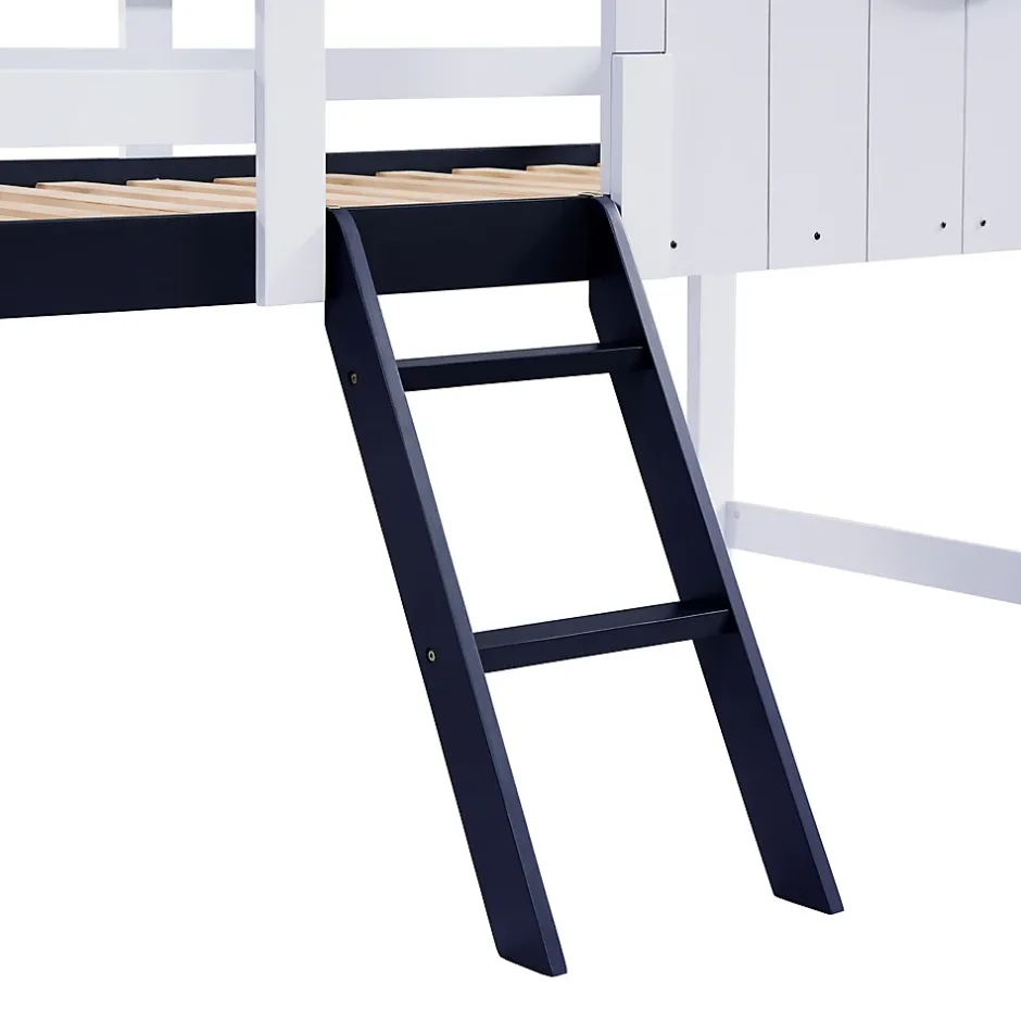Okwish Lit enfant 90x200 cm - Lit Cabane avec Rangement et design Marin - Pin et MDF - Sans Matelas - Blanc + Bleu foncé Discount