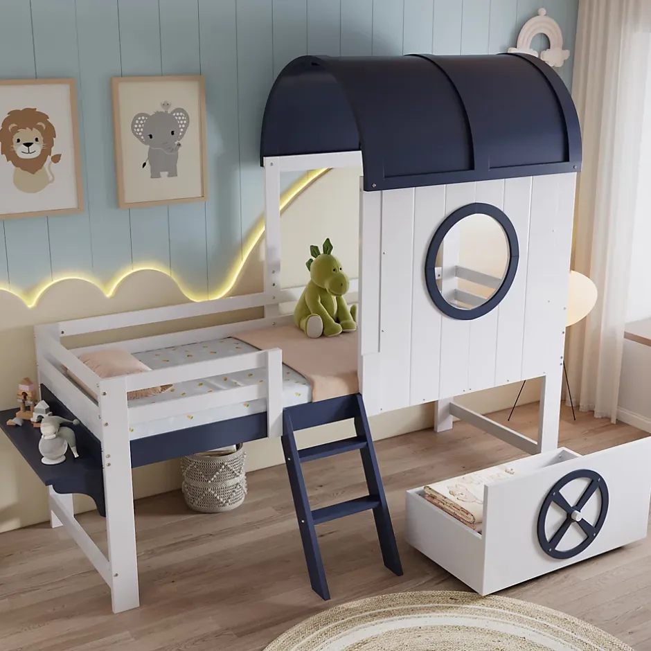 Okwish Lit enfant 90x200 cm - Lit Cabane avec Rangement et design Marin - Pin et MDF - Sans Matelas - Blanc + Bleu foncé Discount