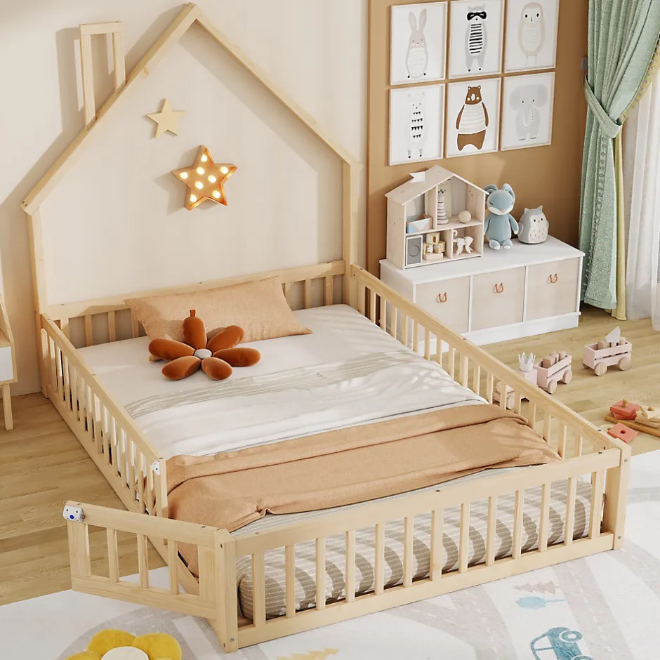 Okwish Lit Enfant 140x190 cm - Lit Cabane Design Maison avec Cheminée Décorative et Sommier Inclus, Bois et MDF, Naturel, sans Matelas