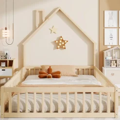 Okwish Lit Enfant 140x190 cm - Lit Cabane Design Maison avec Cheminée Décorative et Sommier Inclus, Bois et MDF, Naturel, sans Matelas