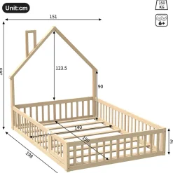 Okwish Lit Enfant 140x190 cm - Lit Cabane Design Maison avec Cheminée Décorative et Sommier Inclus, Bois et MDF, Naturel, sans Matelas