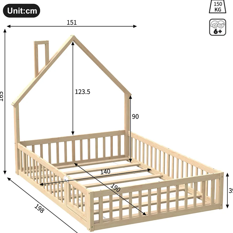 Okwish Lit Enfant 140x190 cm - Lit Cabane Design Maison avec Cheminée Décorative et Sommier Inclus, Bois et MDF, Naturel, sans Matelas