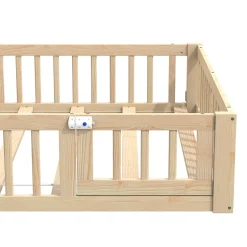 Okwish Lit Enfant 140x190 cm - Lit Cabane Design Maison avec Cheminée Décorative et Sommier Inclus, Bois et MDF, Naturel, sans Matelas
