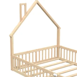 Okwish Lit Enfant 140x190 cm - Lit Cabane Design Maison avec Cheminée Décorative et Sommier Inclus, Bois et MDF, Naturel, sans Matelas