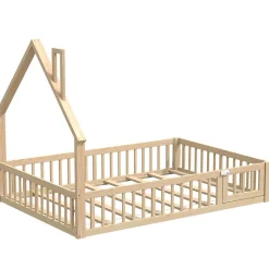 Okwish Lit Enfant 140x190 cm - Lit Cabane Design Maison avec Cheminée Décorative et Sommier Inclus, Bois et MDF, Naturel, sans Matelas
