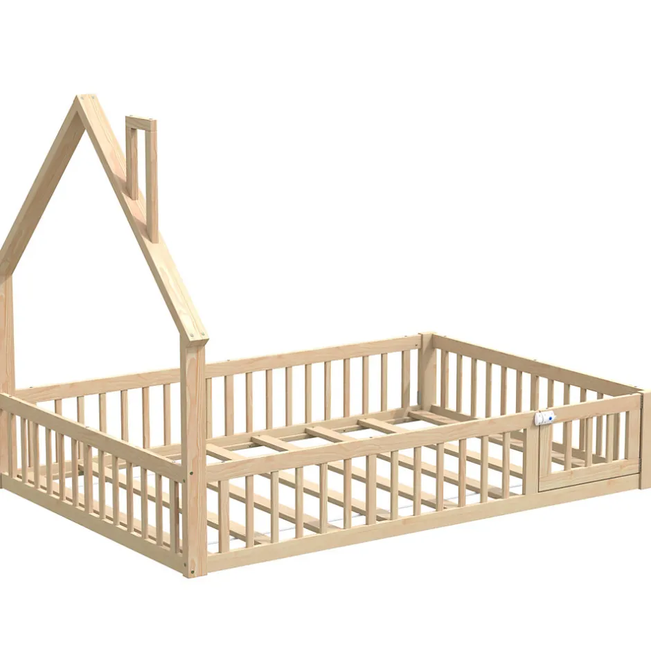 Okwish Lit Enfant 140x190 cm - Lit Cabane Design Maison avec Cheminée Décorative et Sommier Inclus, Bois et MDF, Naturel, sans Matelas