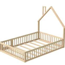 Okwish Lit Enfant 140x190 cm - Lit Cabane Design Maison avec Cheminée Décorative et Sommier Inclus, Bois et MDF, Naturel, sans Matelas