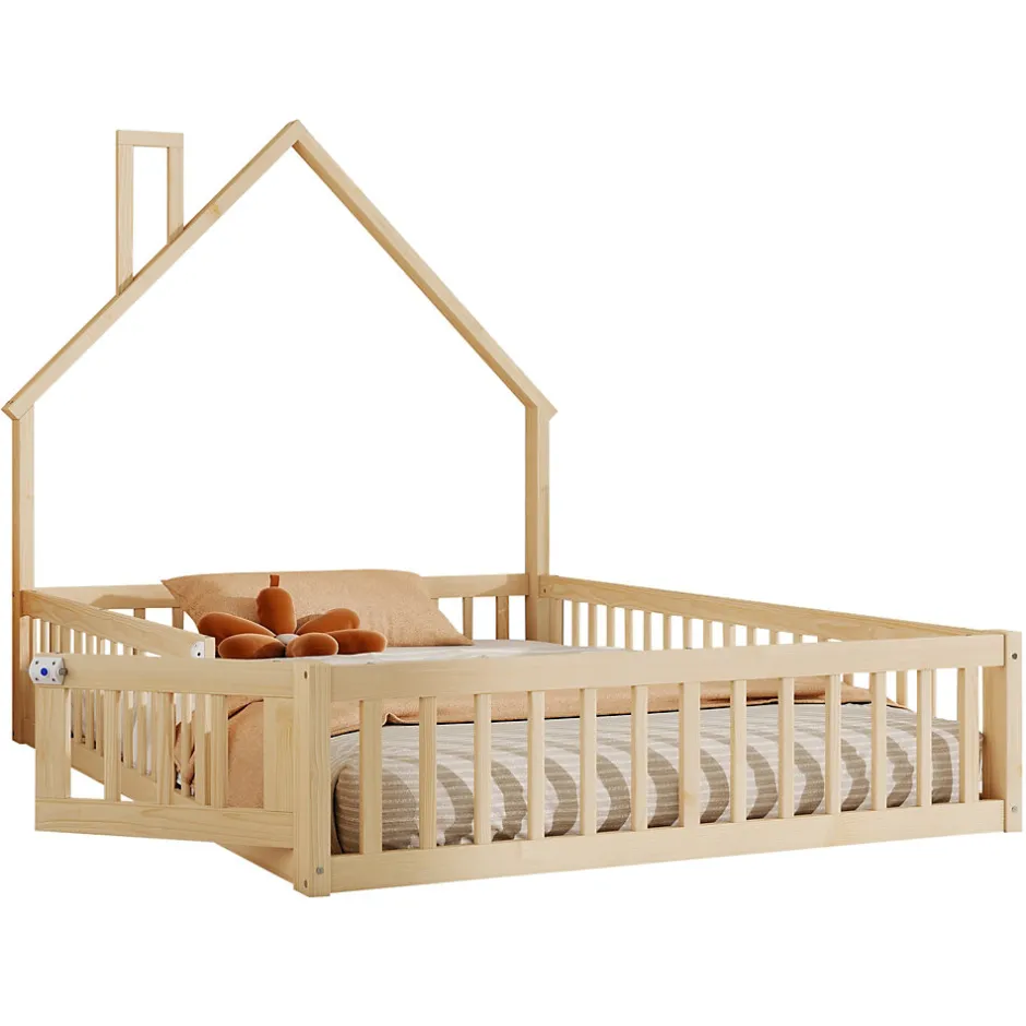 Okwish Lit Enfant 140x190 cm - Lit Cabane Design Maison avec Cheminée Décorative et Sommier Inclus, Bois et MDF, Naturel, sans Matelas
