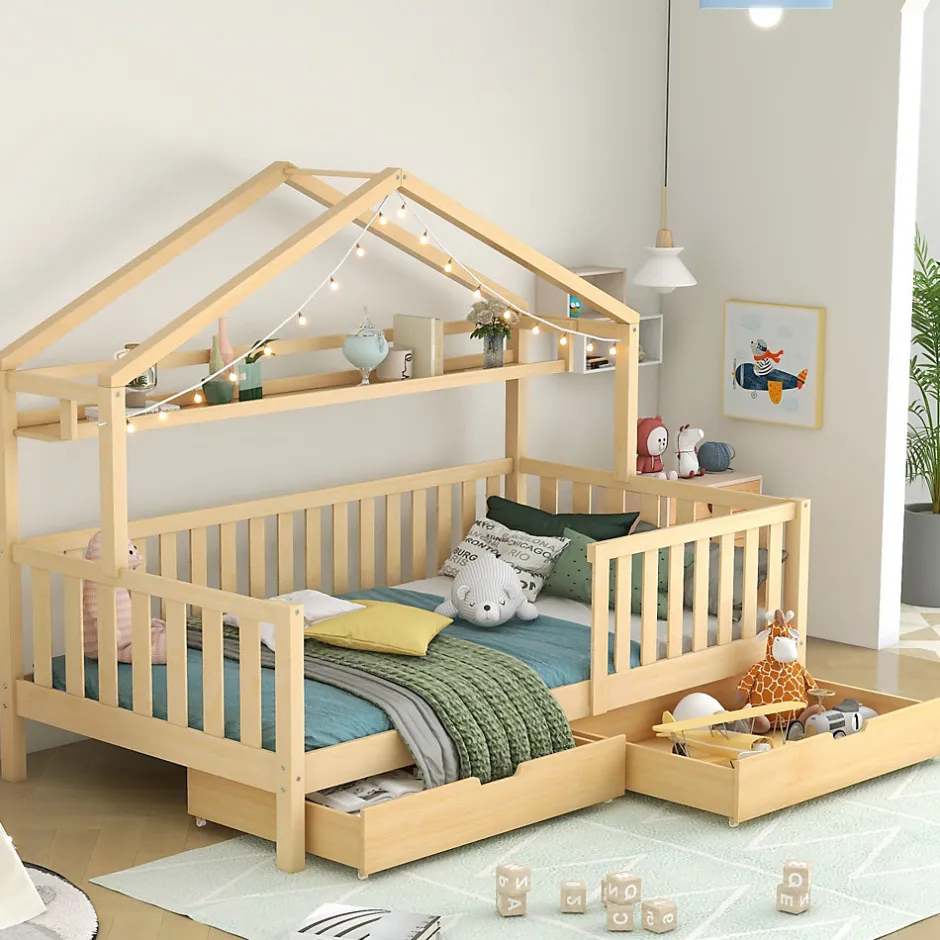 Enfant Okwish Lit enfant 90x200 cm - Lit Cabane avec 2 Tiroirs de Rangement, Sommier en Bois Inclus, Sans Matelas - Naturel