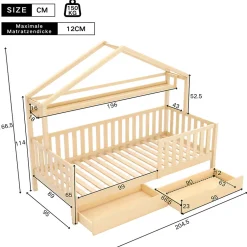 Enfant Okwish Lit enfant 90x200 cm - Lit Cabane avec 2 Tiroirs de Rangement, Sommier en Bois Inclus, Sans Matelas - Naturel