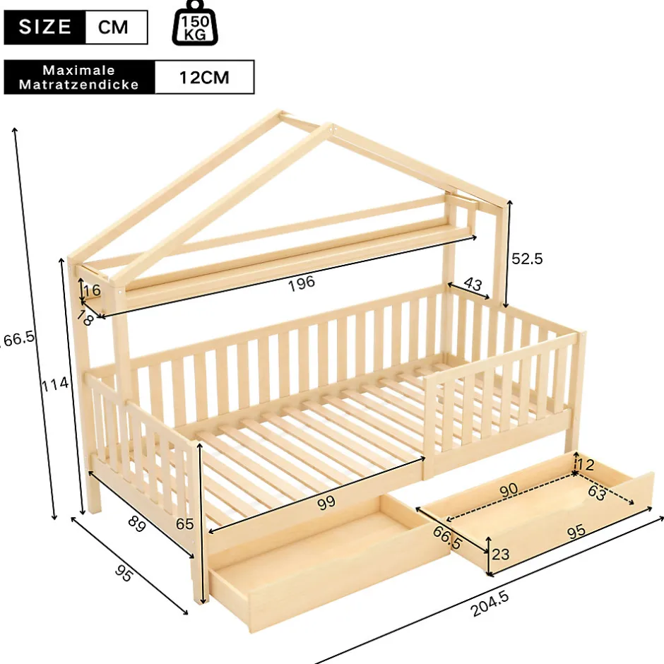 Enfant Okwish Lit enfant 90x200 cm - Lit Cabane avec 2 Tiroirs de Rangement, Sommier en Bois Inclus, Sans Matelas - Naturel