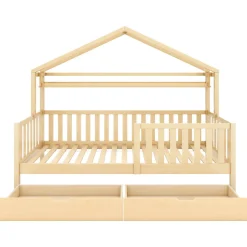 Enfant Okwish Lit enfant 90x200 cm - Lit Cabane avec 2 Tiroirs de Rangement, Sommier en Bois Inclus, Sans Matelas - Naturel
