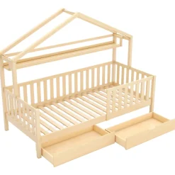 Enfant Okwish Lit enfant 90x200 cm - Lit Cabane avec 2 Tiroirs de Rangement, Sommier en Bois Inclus, Sans Matelas - Naturel