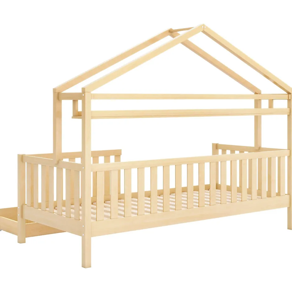 Enfant Okwish Lit enfant 90x200 cm - Lit Cabane avec 2 Tiroirs de Rangement, Sommier en Bois Inclus, Sans Matelas - Naturel
