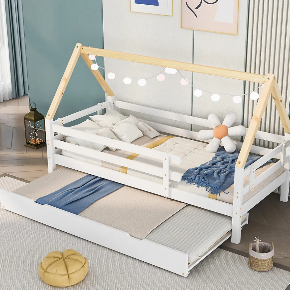 Enfant Okwish Lit Enfant 90x200 cm - Lit Cabane avec Lit Gigogne à Roulettes - Bois Massif Naturel - Sans Matelas