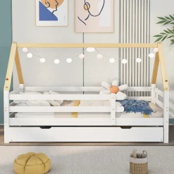 Enfant Okwish Lit Enfant 90x200 cm - Lit Cabane avec Lit Gigogne à Roulettes - Bois Massif Naturel - Sans Matelas
