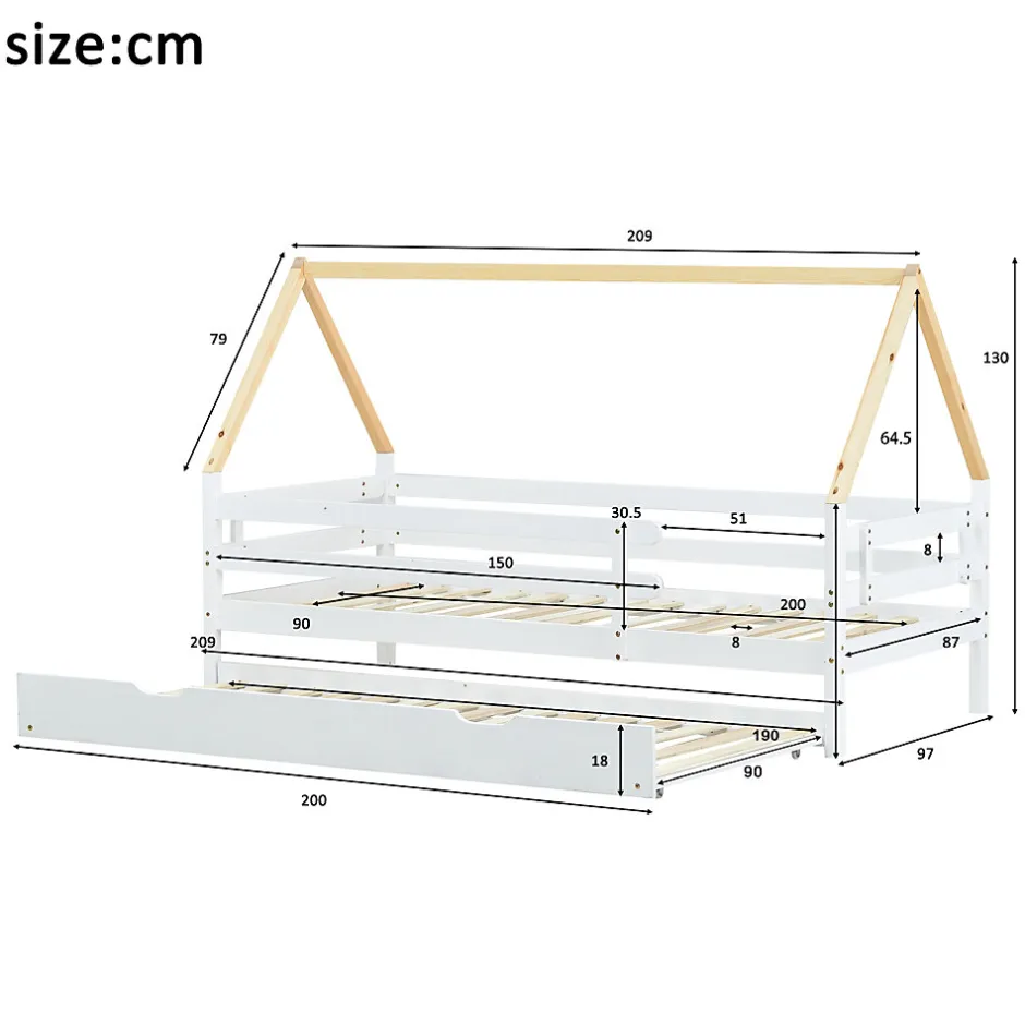 Enfant Okwish Lit Enfant 90x200 cm - Lit Cabane avec Lit Gigogne à Roulettes - Bois Massif Naturel - Sans Matelas