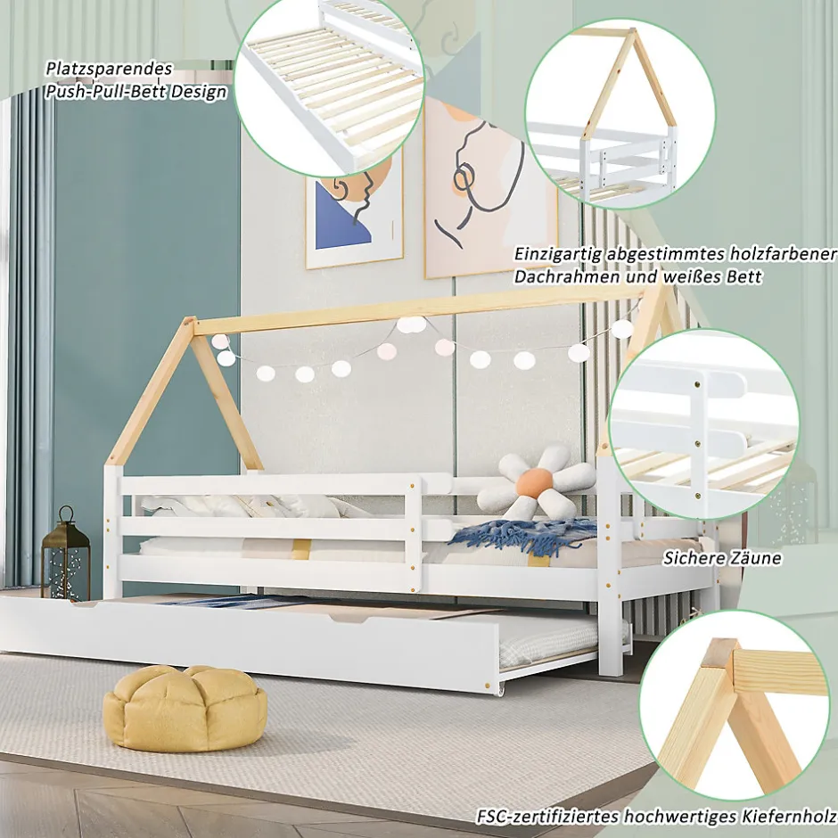 Enfant Okwish Lit Enfant 90x200 cm - Lit Cabane avec Lit Gigogne à Roulettes - Bois Massif Naturel - Sans Matelas