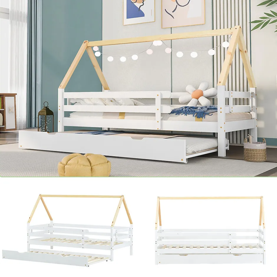 Enfant Okwish Lit Enfant 90x200 cm - Lit Cabane avec Lit Gigogne à Roulettes - Bois Massif Naturel - Sans Matelas