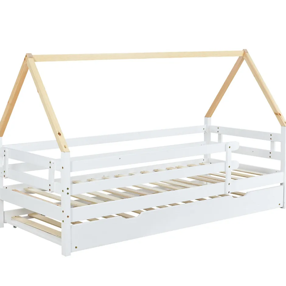 Enfant Okwish Lit Enfant 90x200 cm - Lit Cabane avec Lit Gigogne à Roulettes - Bois Massif Naturel - Sans Matelas