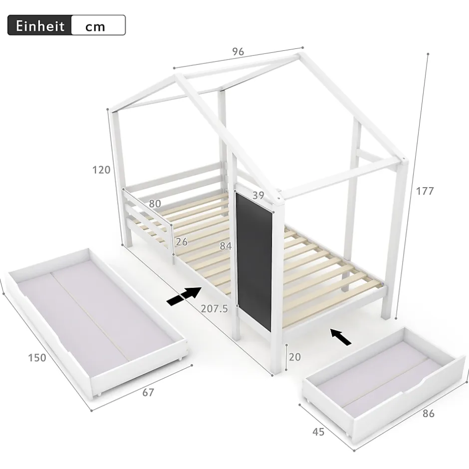 Okwish Lit enfant 90x200 cm - Lit Cabane avec Tableau et 2 Tiroirs, Rangement Pratique, Bois Massif et MDF, Sans Matelas - Blanc Outlet