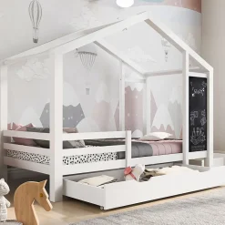 Okwish Lit enfant 90x200 cm - Lit Cabane avec Tableau et 2 Tiroirs, Rangement Pratique, Bois Massif et MDF, Sans Matelas - Blanc Outlet