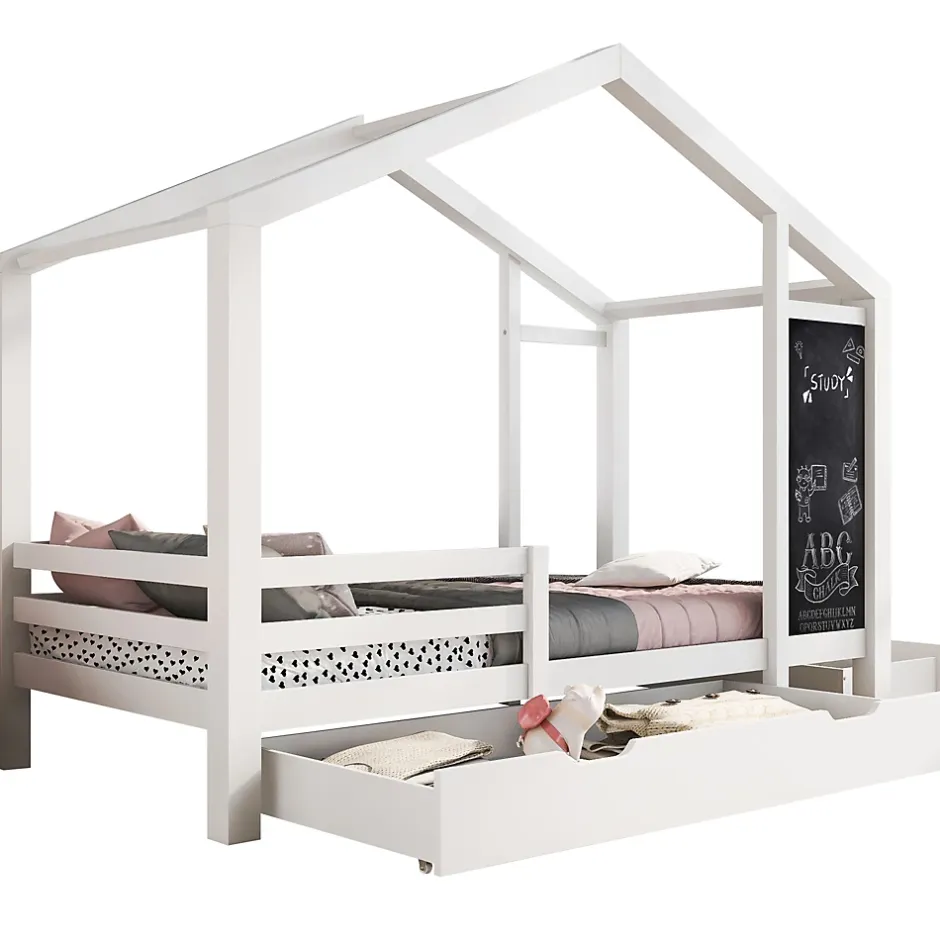 Okwish Lit enfant 90x200 cm - Lit Cabane avec Tableau et 2 Tiroirs, Rangement Pratique, Bois Massif et MDF, Sans Matelas - Blanc Outlet