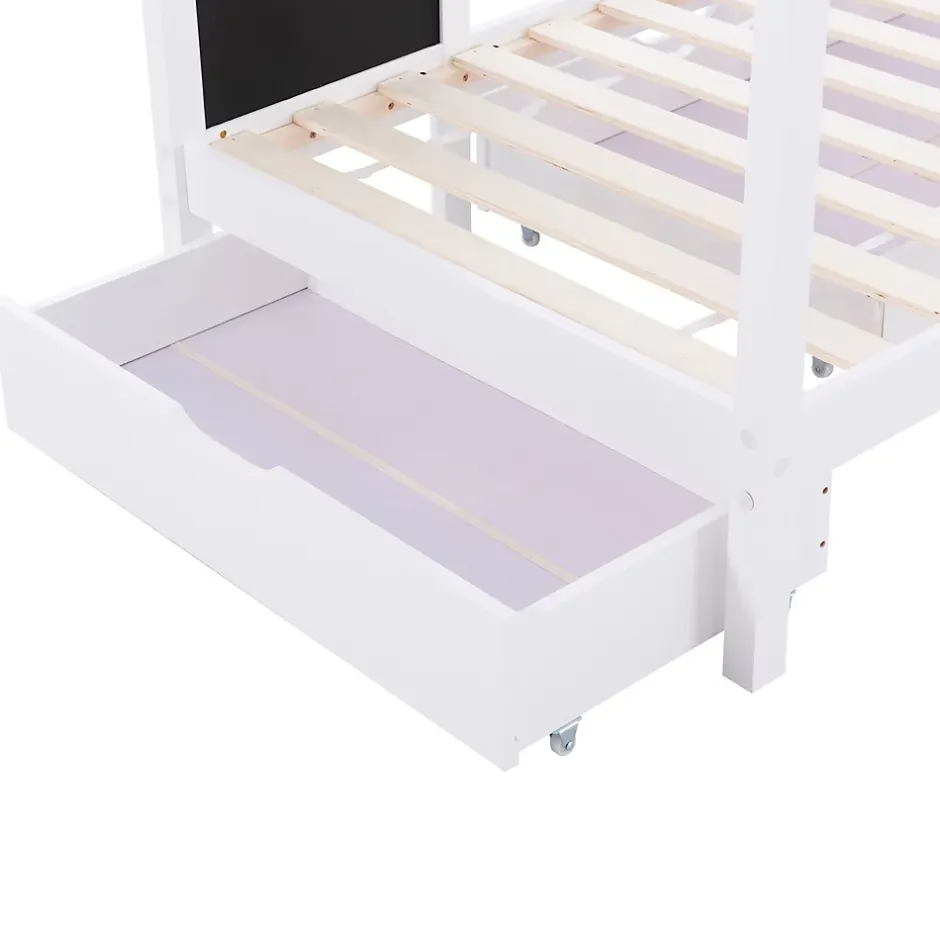 Okwish Lit enfant 90x200 cm - Lit Cabane avec Tableau et 2 Tiroirs, Rangement Pratique, Bois Massif et MDF, Sans Matelas - Blanc Outlet
