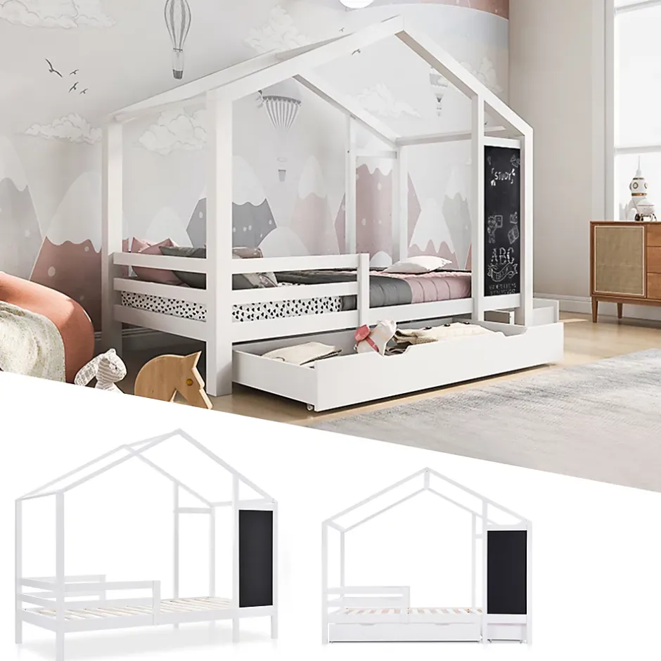 Okwish Lit enfant 90x200 cm - Lit Cabane avec Tableau et 2 Tiroirs, Rangement Pratique, Bois Massif et MDF, Sans Matelas - Blanc Outlet