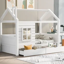 Generique Lit enfant 90x200 cm - Lit Cabane avec Barrières et Fenêtre, Bois Massif - Sommier À Lattes - Sans Matelas - Blanc Online