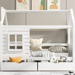 Generique Lit enfant 90x200 cm - Lit Cabane avec Barrières et Fenêtre, Bois Massif - Sommier À Lattes - Sans Matelas - Blanc Online