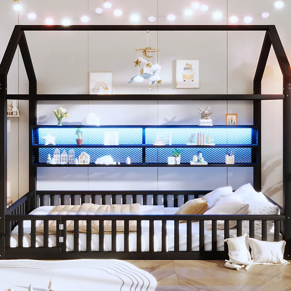 Okwish Lit Enfant 90x200 cm - Lit Cabane avec LED et Barrières, sans Matelas - Cadre Métal Noir