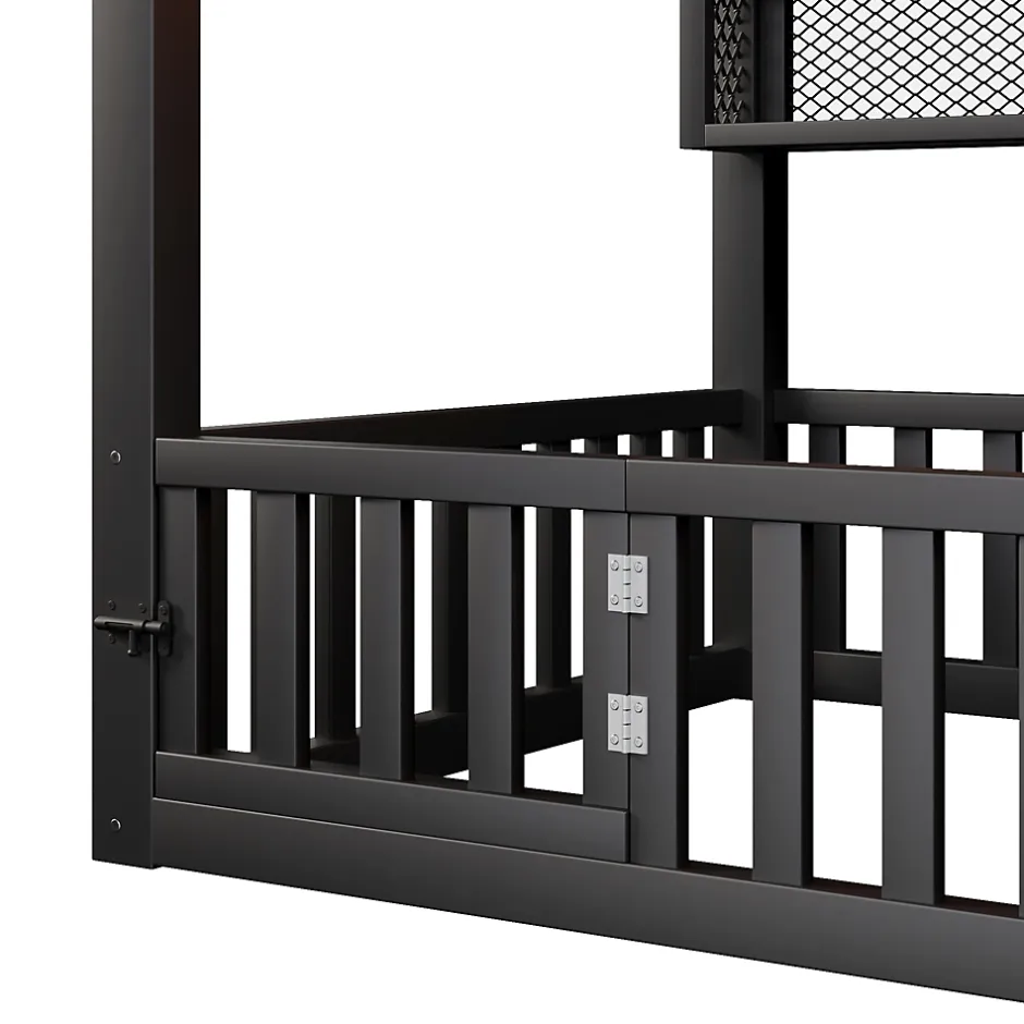 Okwish Lit Enfant 90x200 cm - Lit Cabane avec LED et Barrières, sans Matelas - Cadre Métal Noir