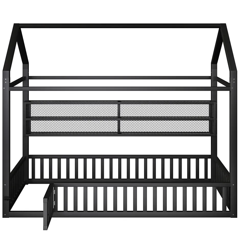 Okwish Lit Enfant 90x200 cm - Lit Cabane avec LED et Barrières, sans Matelas - Cadre Métal Noir