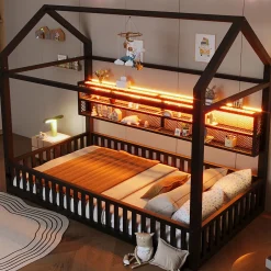 Okwish Lit Enfant 90x200 cm - Lit Cabane avec LED et Barrières, sans Matelas - Cadre Métal Noir