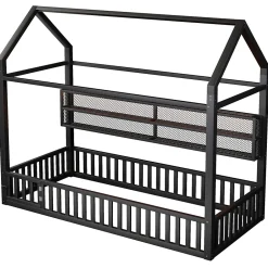 Okwish Lit Enfant 90x200 cm - Lit Cabane avec LED et Barrières, sans Matelas - Cadre Métal Noir