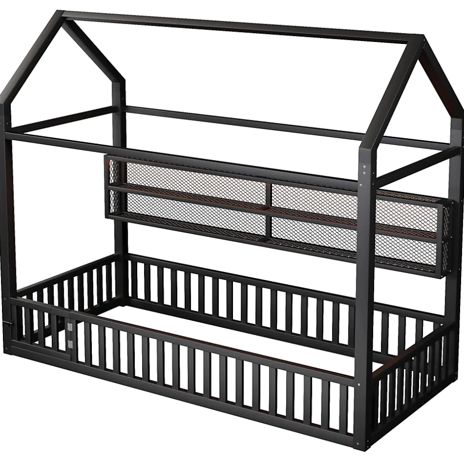 Okwish Lit Enfant 90x200 cm - Lit Cabane avec LED et Barrières, sans Matelas - Cadre Métal Noir
