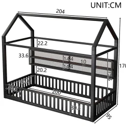 Okwish Lit Enfant 90x200 cm - Lit Cabane avec LED et Barrières, sans Matelas - Cadre Métal Noir