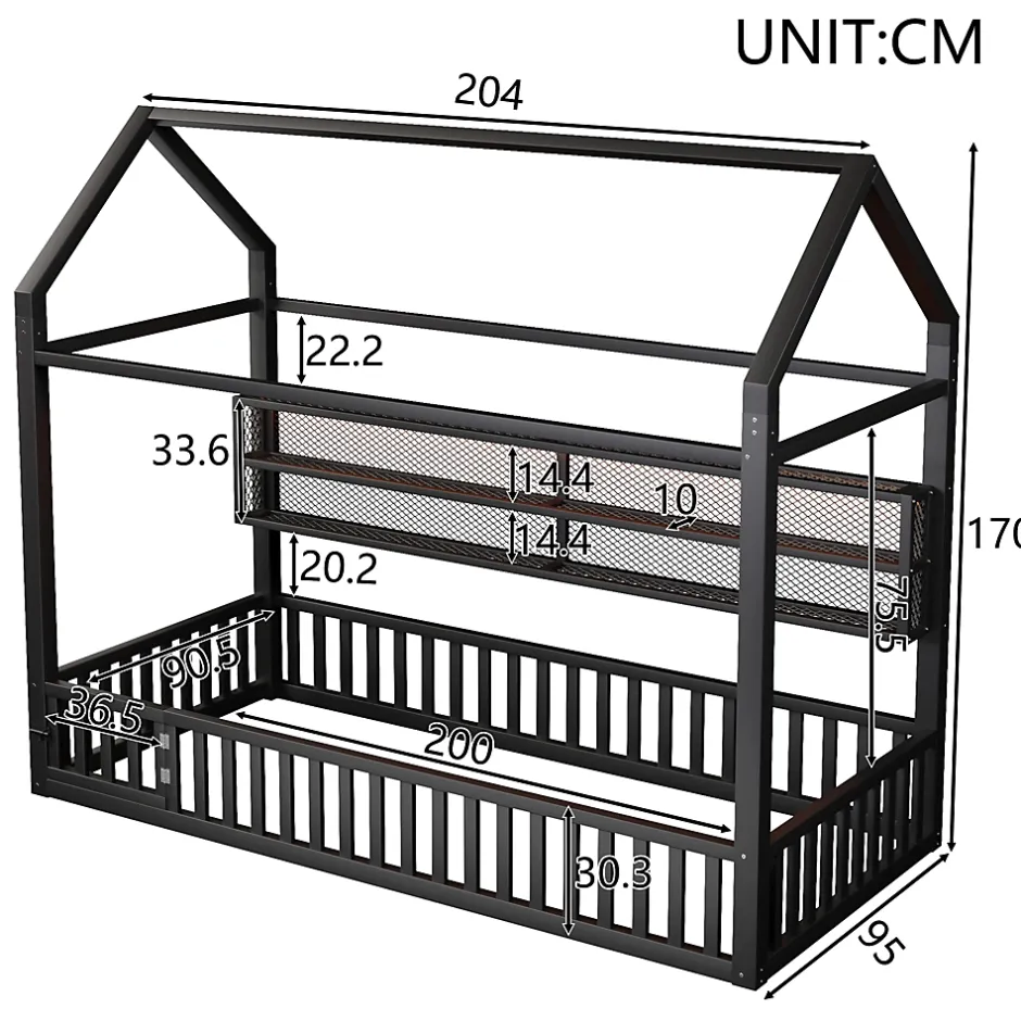 Okwish Lit Enfant 90x200 cm - Lit Cabane avec LED et Barrières, sans Matelas - Cadre Métal Noir
